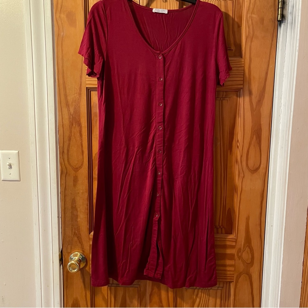 Red Short Sleeve Button Down Dress